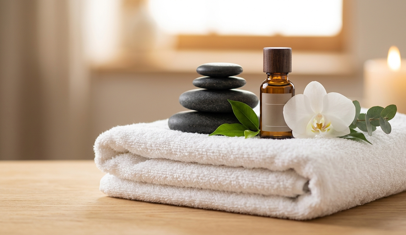 Massage treatment essentials - hot stones, oil and towels